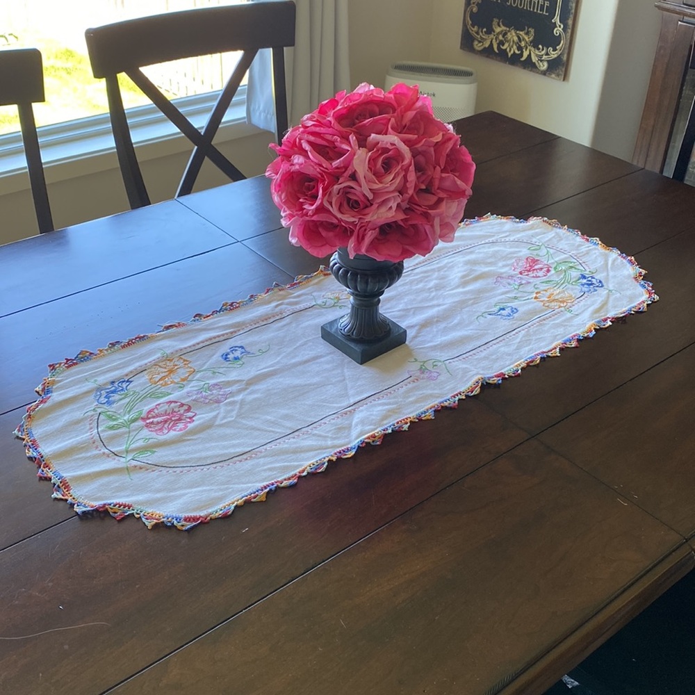 Vintage Floral Runner With Multiple Colors Crocheted Edge!!